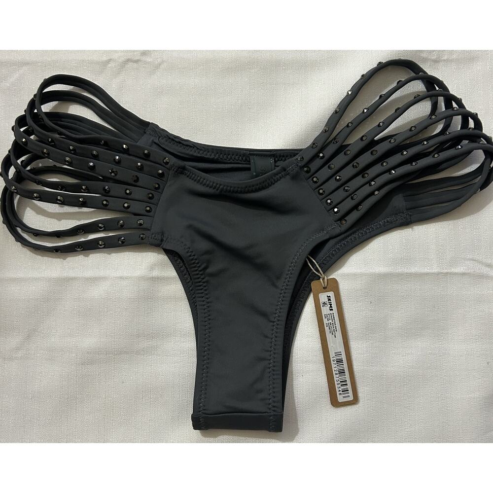 Skims Rhinestone Swim Strappy String Bottom Gunmetal Size XXS NWT